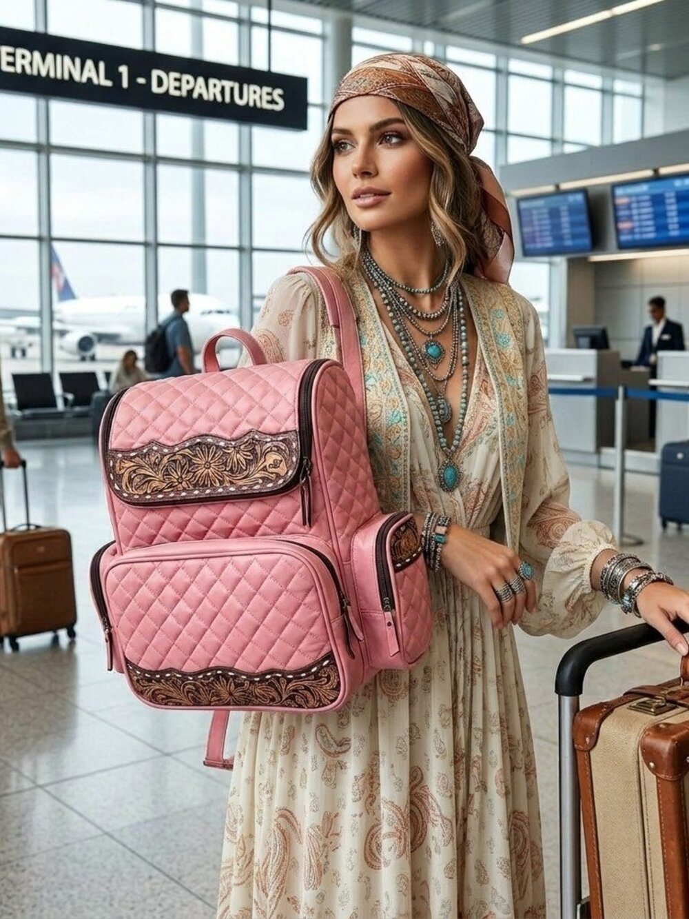 Pink Rose Quilt Leather Floral Travel Backpack